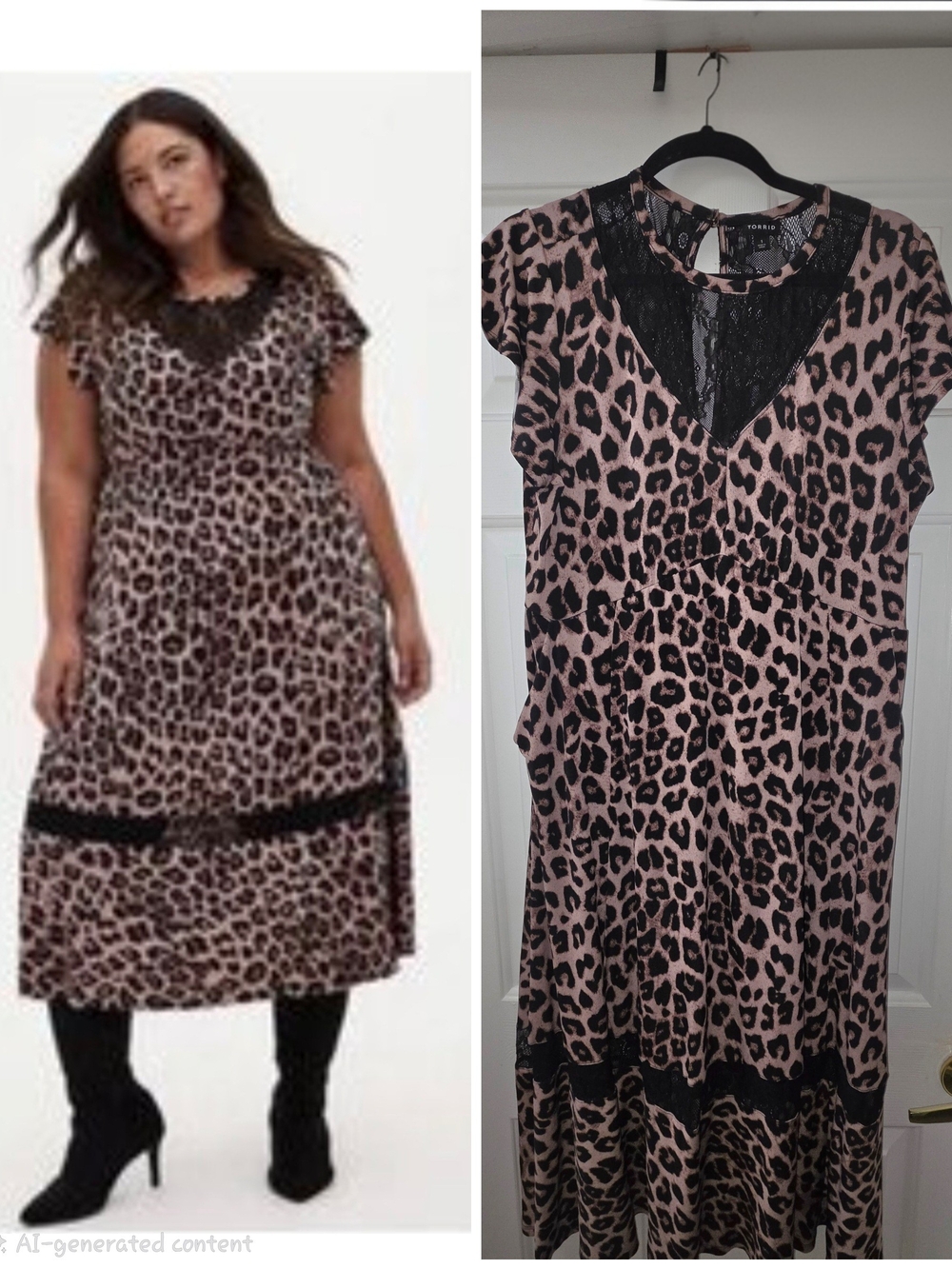 Leopard Print Lace-Trim Midi Dress - Pink/Black